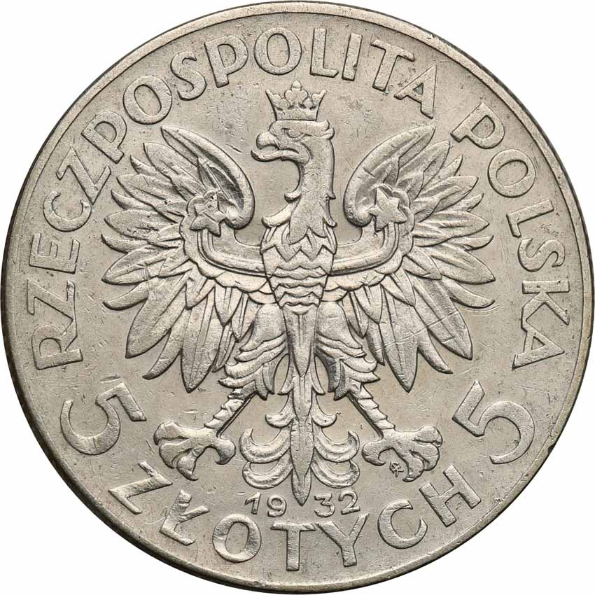 II RP. 5 złotych 1932 głowa kobiety, ze znakiem mennicy